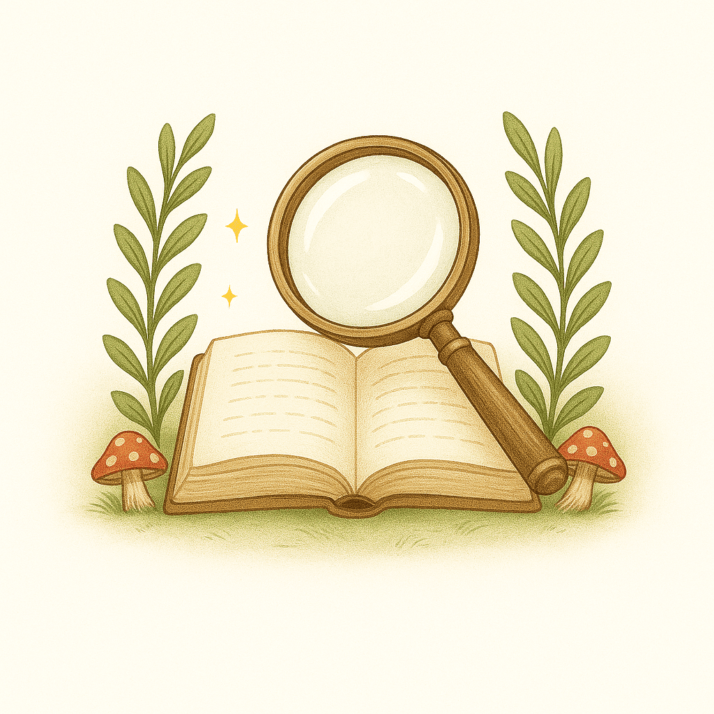Wide illustrated banner with an open book, magnifying glass, vines, and whimsical mushrooms symbolizing psychoeducational assessments.