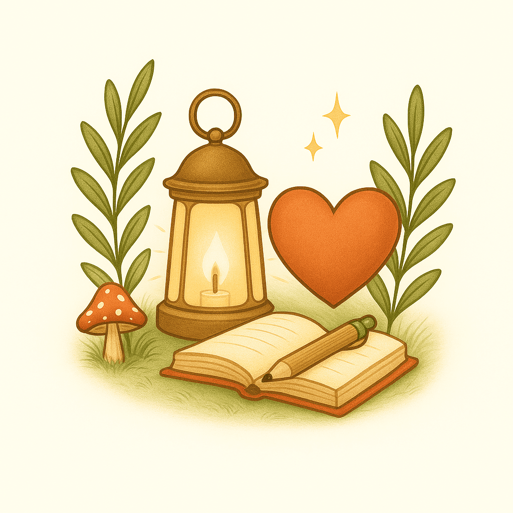 Glowing lantern with a heart symbol, surrounded by mushrooms and leafy plants.