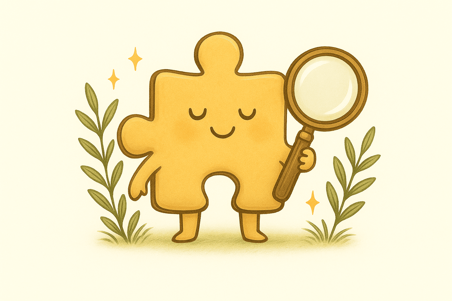 Storybook-style puzzle piece holding a magnifying glass and open book surrounded by leafy plants.