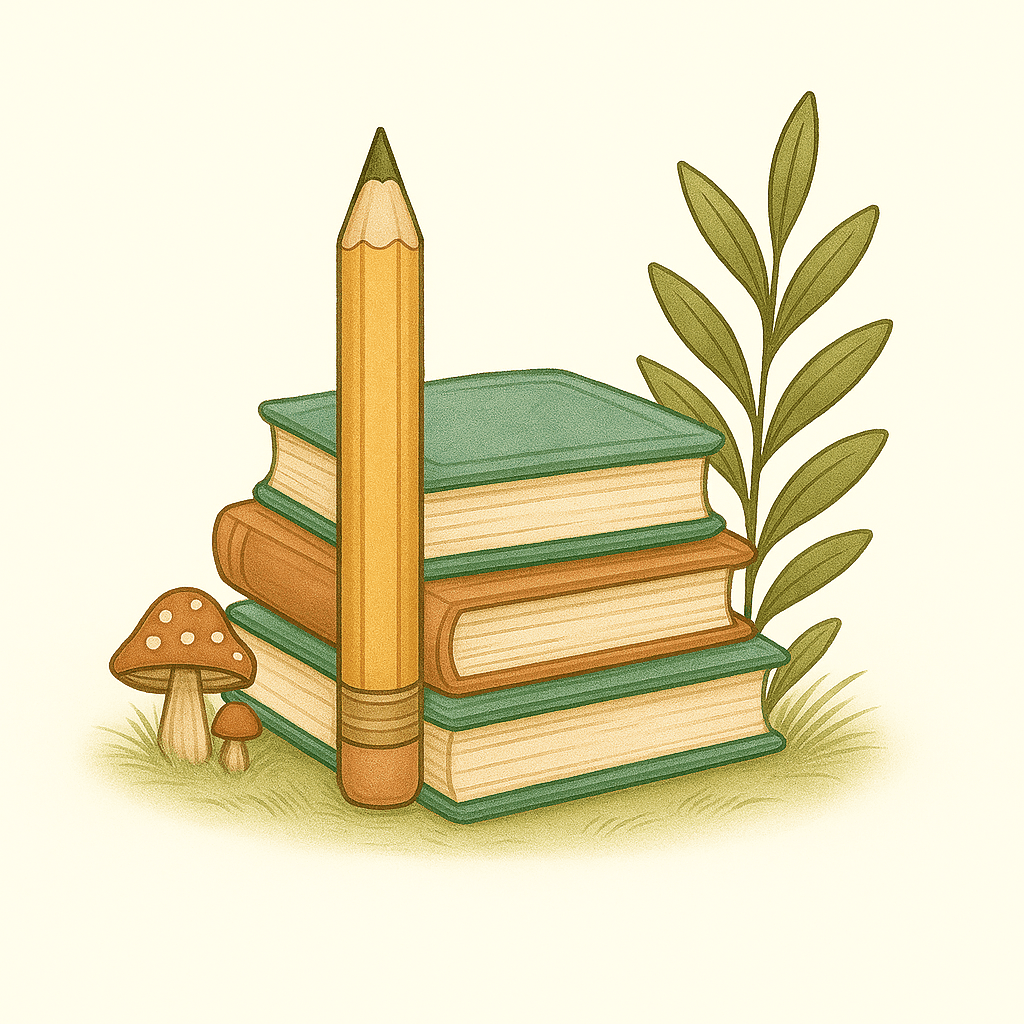 Stack of storybook-style books with a pencil, mushrooms, and leaves.
