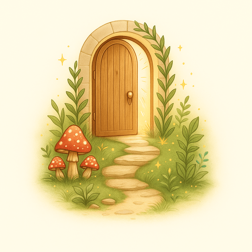 Storybook illustration of a pathway leading to an |open door with vines and red mushrooms around it. 