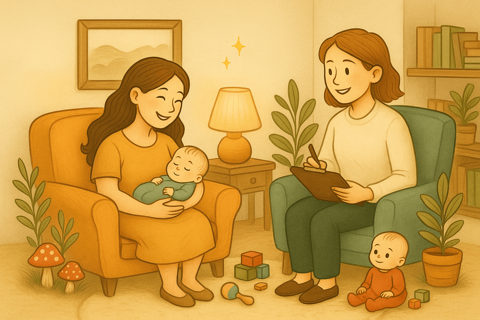 Storybook-style illustration of a new mother receiving gentle counselling support, with soft cream tones, nature elements, and whimsical details matching The Psychology Studio’s aesthetic. The image represents perinatal counselling for postpartum depression, postpartum anxiety, birth trauma, emotional regulation, and early parenthood support in Calgary.