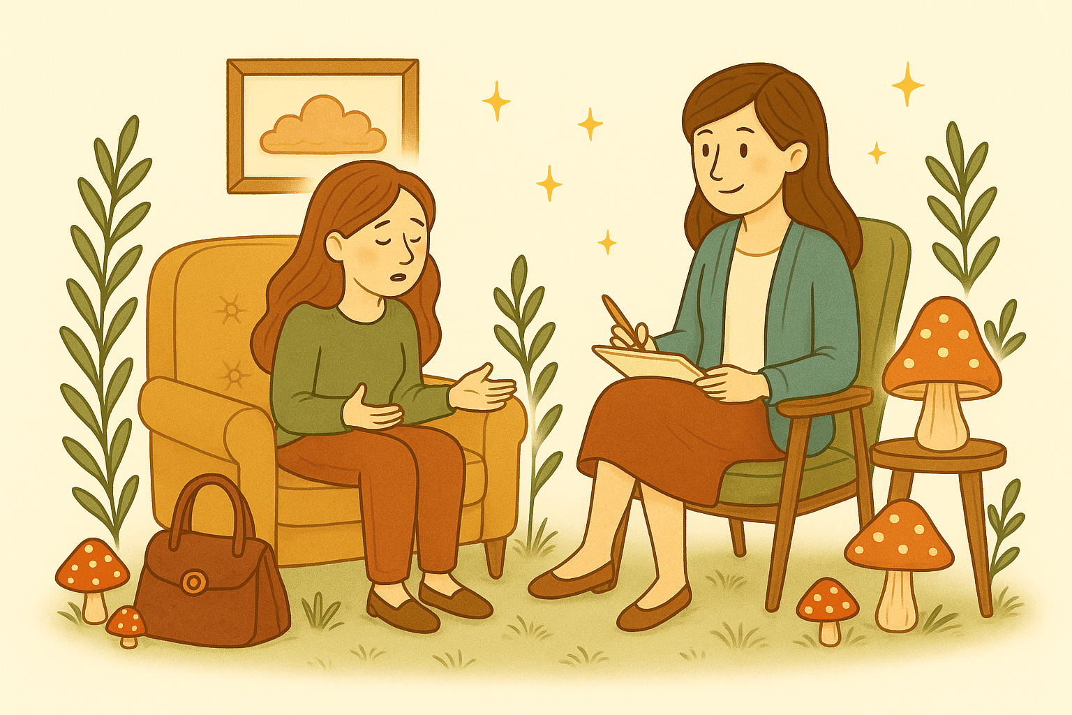 A calm, storybook-style illustration of an adult receiving counselling, featuring warm neutral tones, soft nature accents, and The Psychology Studio’s whimsical design elements. The image represents adult therapy for anxiety, depression, trauma, OCD, stress, emotional regulation, and life transitions, highlighting evidence-based approaches such as CBT, DBT skills, exposure therapy, mindfulness, and Accelerated Resolution Therapy (ART).