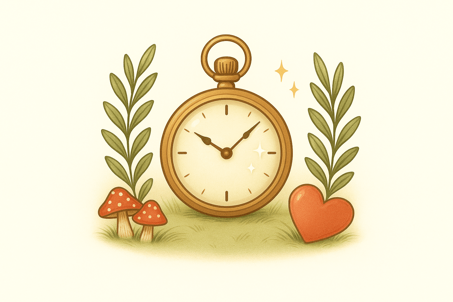 Pocket watch resting on an open book with whimsical mushrooms and leafy plants, representing memory and processing assessments.