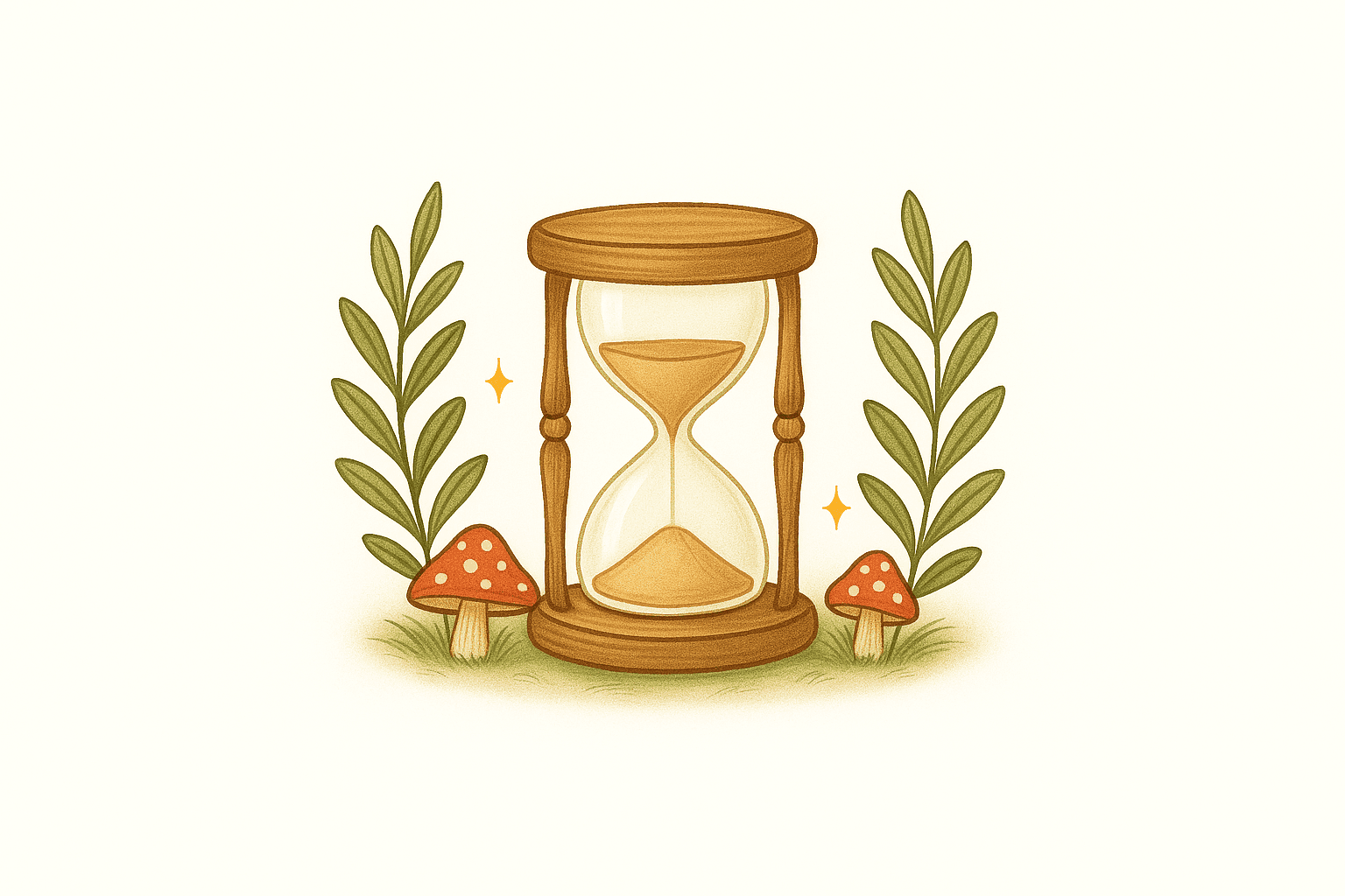 Whimsical storybook illustration of a large hourglass with mushrooms and vines, representing ADHD and executive functioning assessment.