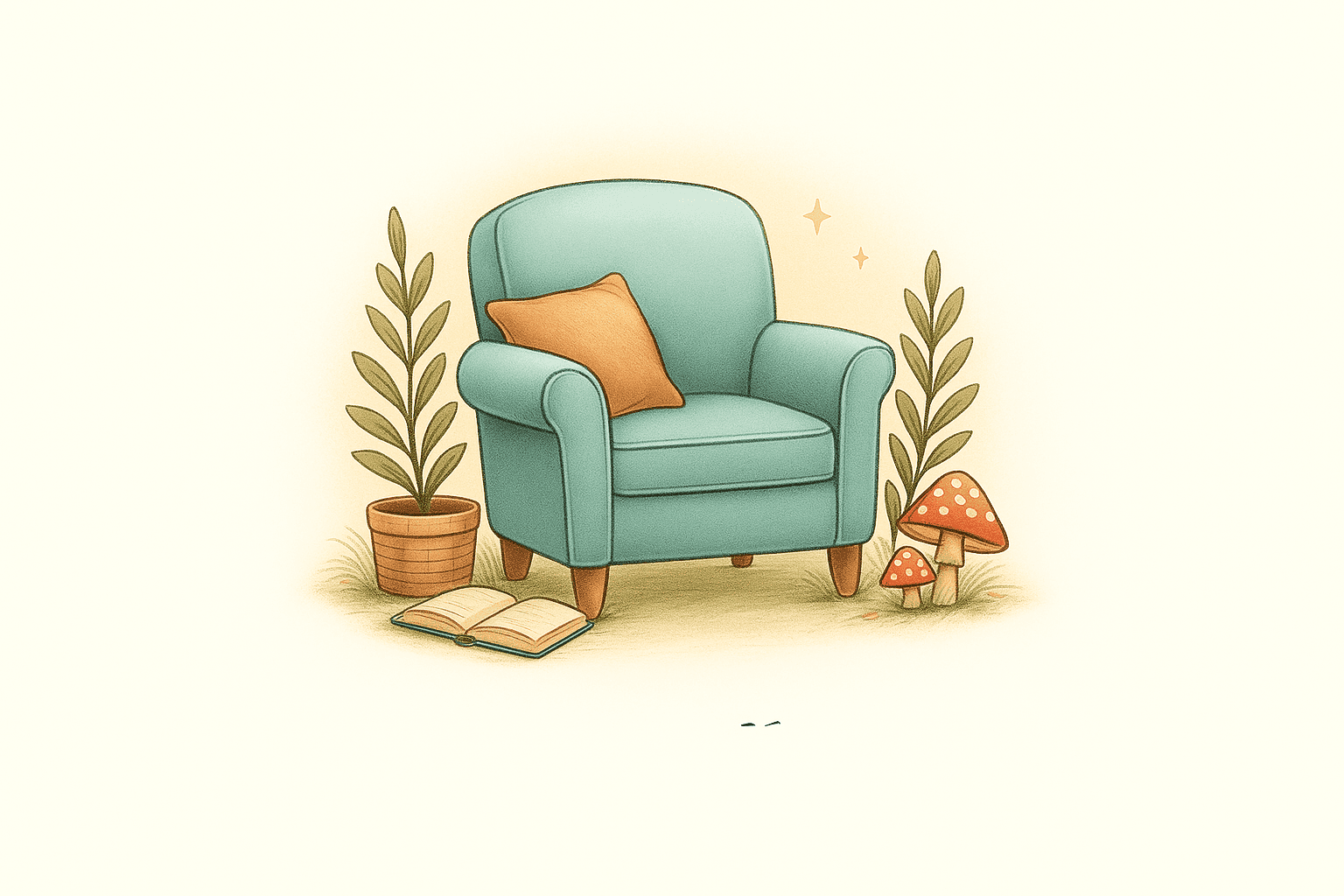 Wide illustrated counselling scene with a teal armchair, plants, books, and storybook forest elements.