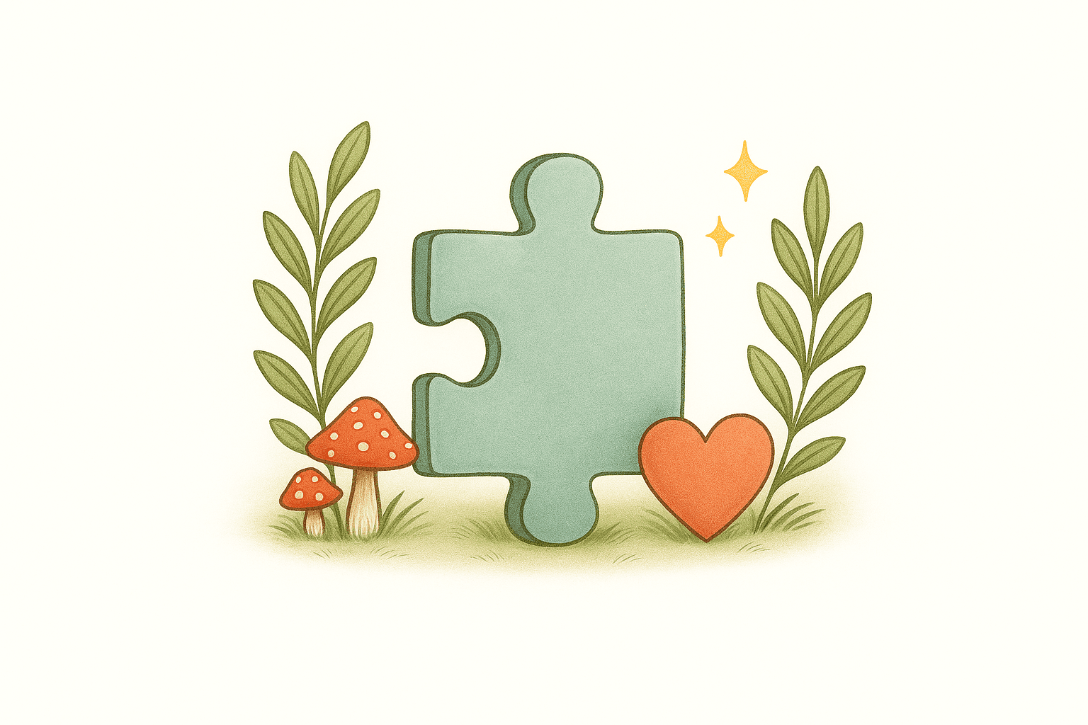 Storybook illustration of colourful puzzle piece with a heart, mushrooms and leafy plants symbolizing autism and developmental assessments.